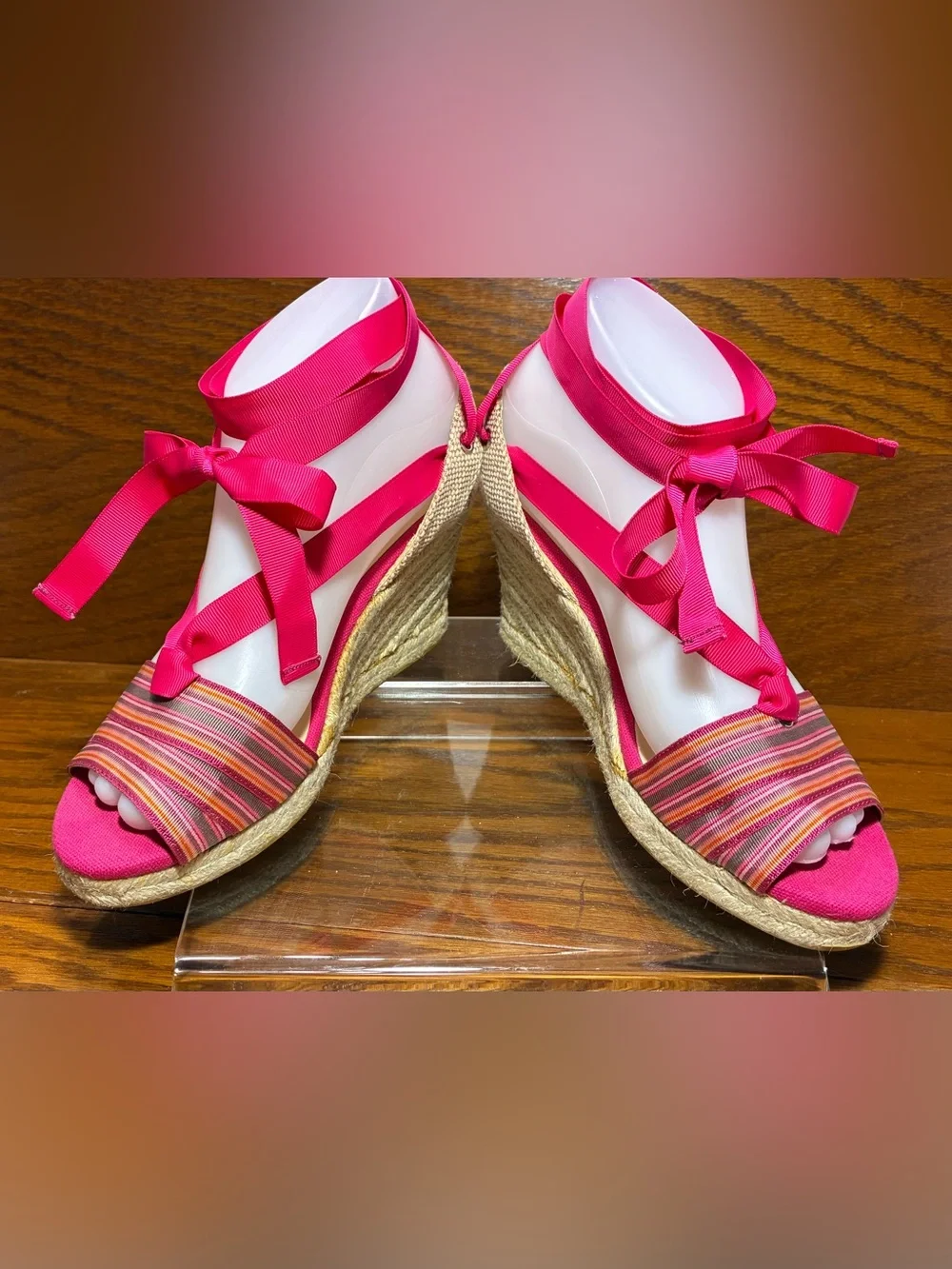 Talbots Pink Ribbon Ankle Wrap Espadrille Wedge Sandals Size 7